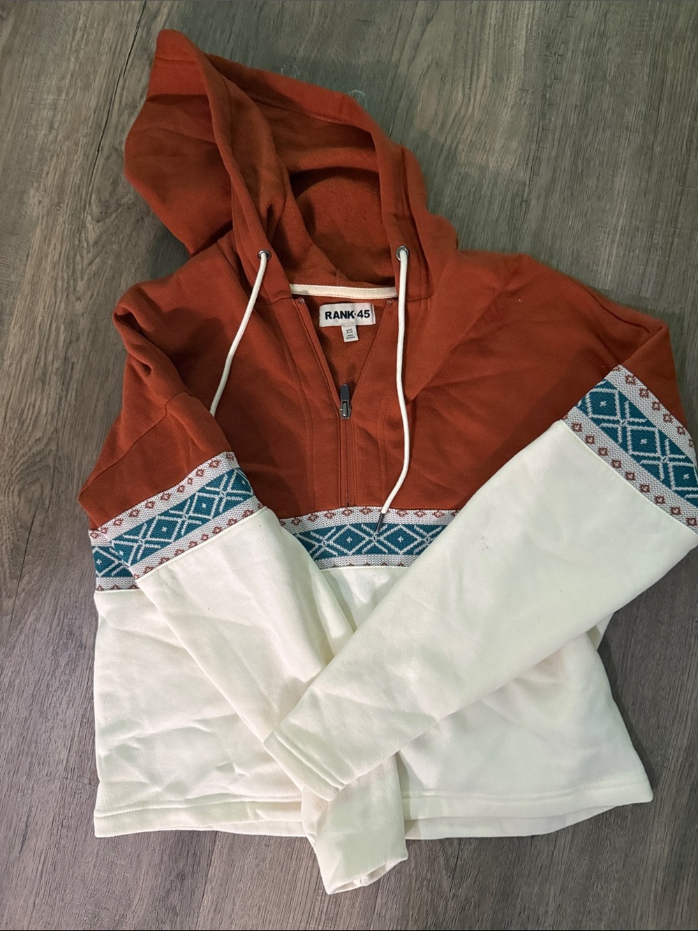 Rank-45 Rust and Cream Half-Zip Hoodie with Teal Pattern